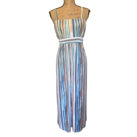 Soma Blue Brown Stripe Maxi Dress‎ Convertible Strapless Spring Size Small - Picture 1 of 6
